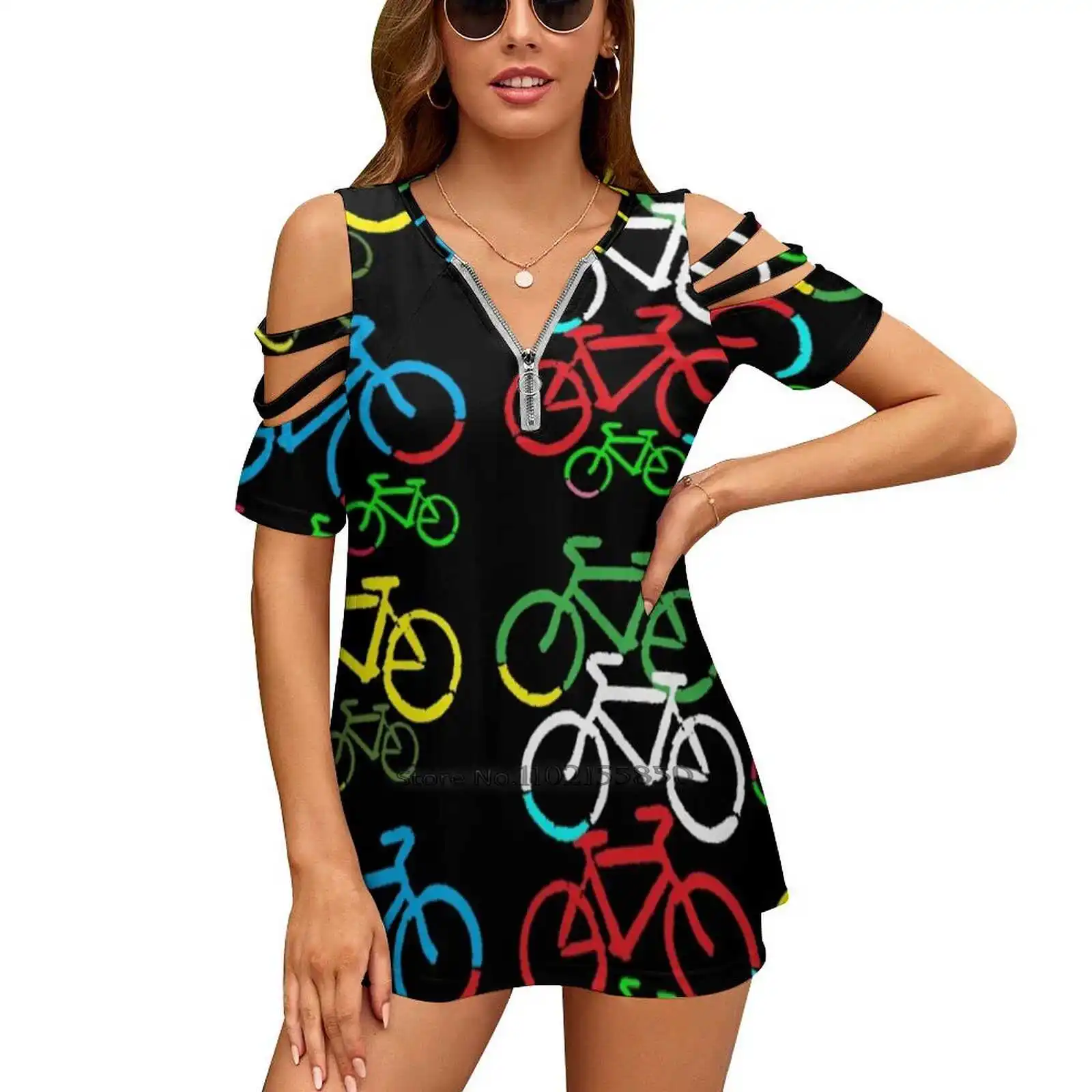 

Bikes Women V Neck T-Shirt Casual Sexy T Shirts Hollow Out Zipper Pullover Top Bicycle Bike Biking Biker Cyclist Y2K Clothes
