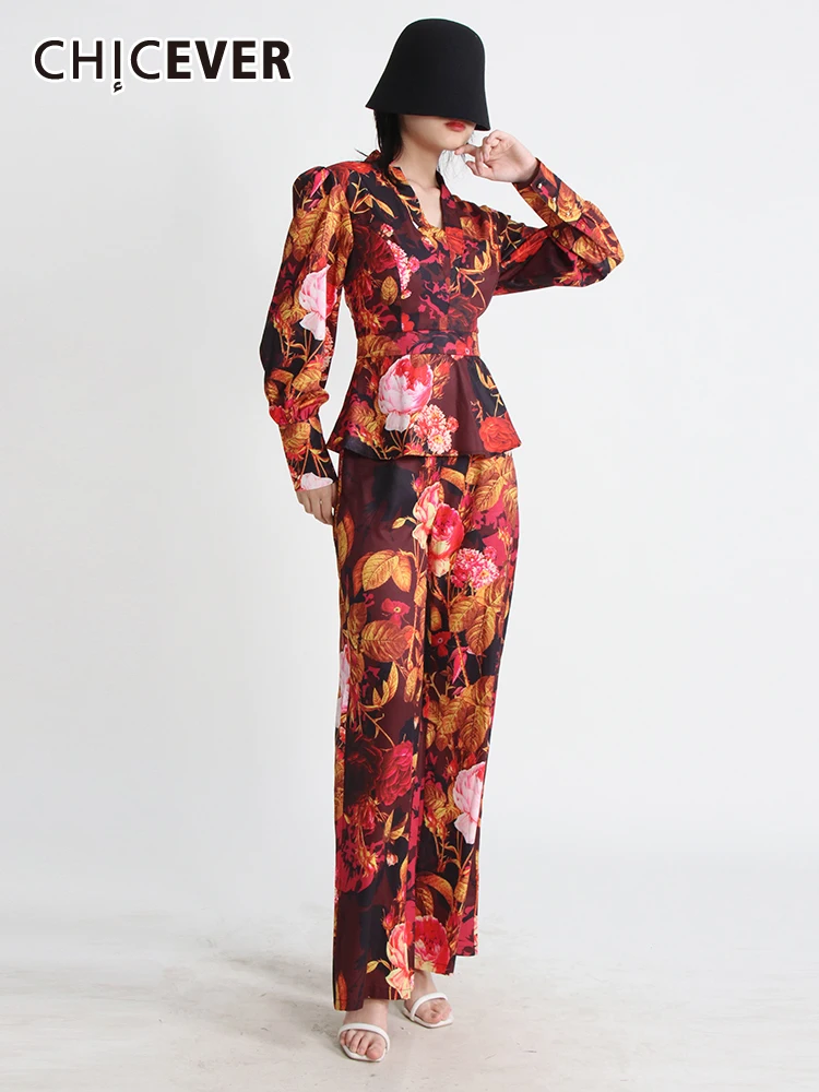 

Женский винтажный комплект из двух предметов с принтом CHICEVER, топ-туника с v-образным вырезом и длинными рукавами, свободные широкие брюки с высокой талией, летний комплект для женщин