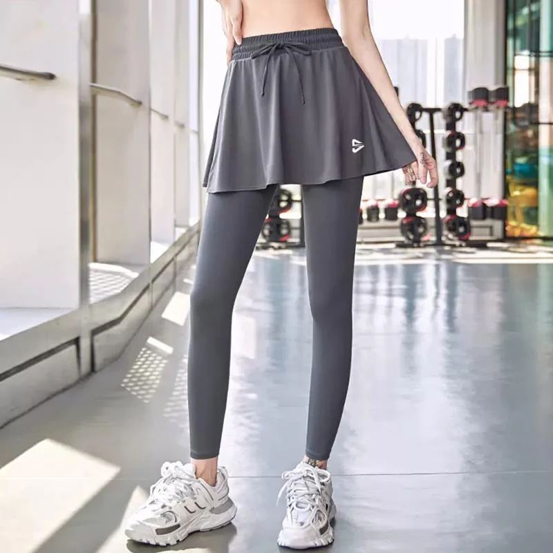 F.DYRAA Gym Leggings Fitness Yoga Pants With Skirts Running Exercise Sportswear Fake Two Pieces Tights High Waist Stretch Pants
