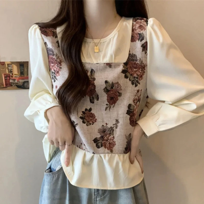 Женская рубашка с длинными рукавами во французском стиле ретро цветочным