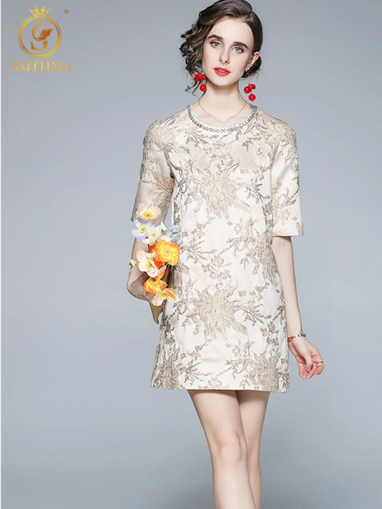 

SMTHMA New Fashion Runway Summer Jacquard Dress Women Short Sleeve Luxury Beading Elegant Party Mini Dresses Vestidos