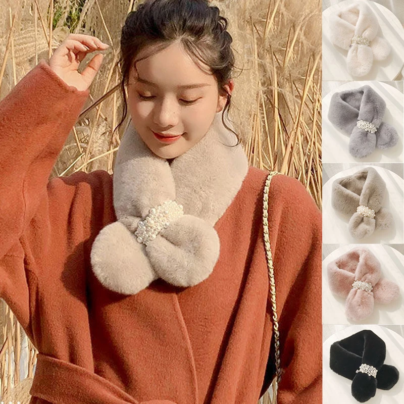 

Fashion Pearl Buckle Women Cross Scarf Soft Plush Winter Warm Neck Warmer Elegant Faux Rabbit Fur Collar Ladies Snood Scarf