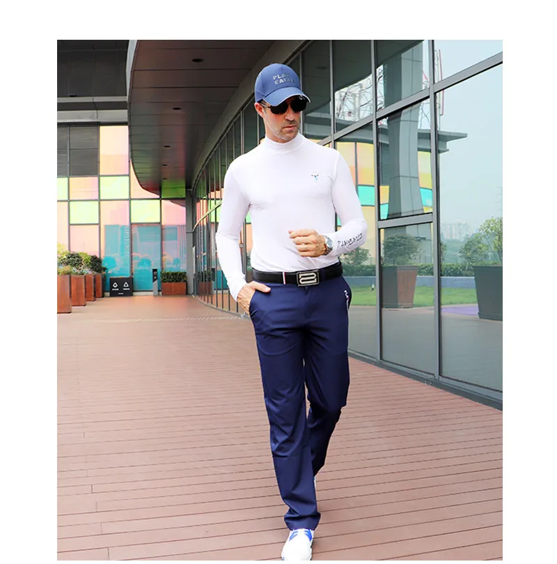 PLAYEAGLE Summer Men Golf Sunscreen Shirt Long Sleeve Ice Silk Sunscreen Top Breathable High Collar Elastic Quick Dry Sportswear