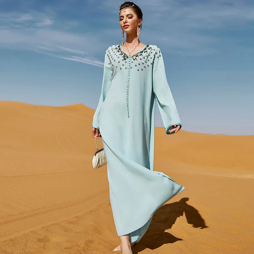 

Aqua Green Long Dress Neckline Drill Middle East Women's Clothing Ramadan Eid Mubarak Kaftan Satin Abaya Dubai Arabic Turkey