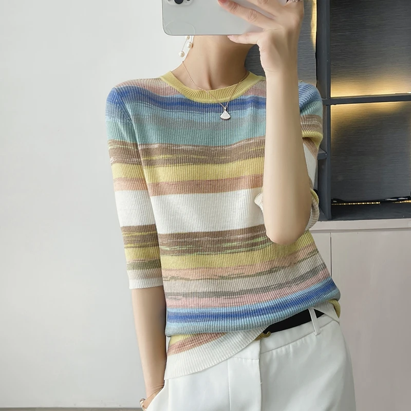 

30% Wool Spring and Autumn Indoor Rainbow Stripes Half Sleeves Fashion Slim fit Knitting Short sleeve Women's Top