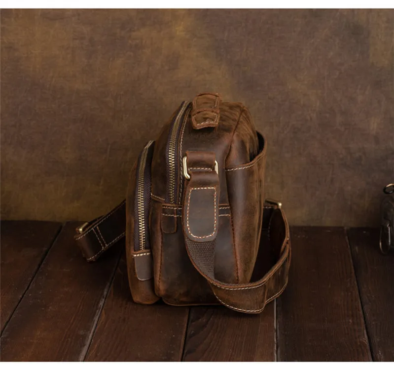 Vintage crazy horse cowhide men's messenger bag handmade outdoor casual luxury natural genuine leather youth travel shoulder bag