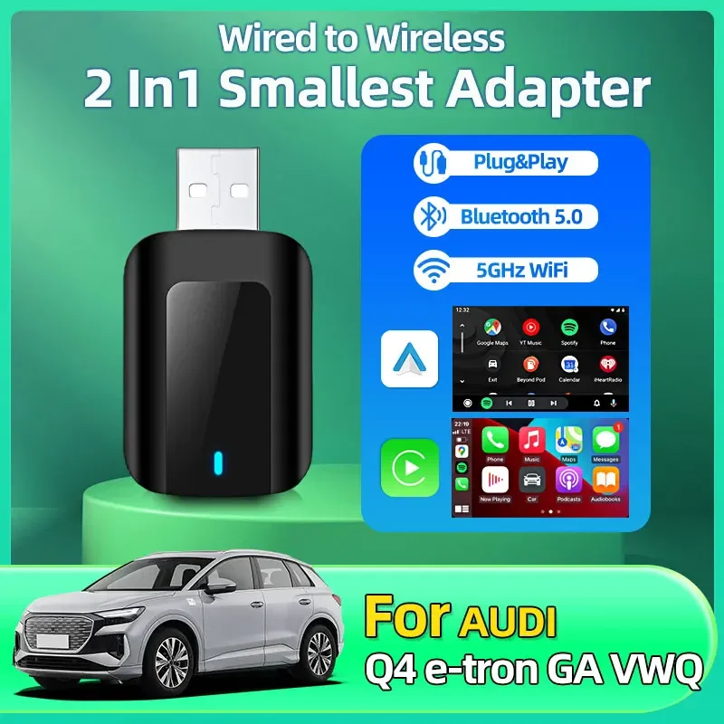Фото Для Audi Q4 e-tron GA VWQ Модный беспроводной адаптер Carplay 2 в 1, Android Auto Smart AI Box Fota Обновление для Apple IOS Android №1