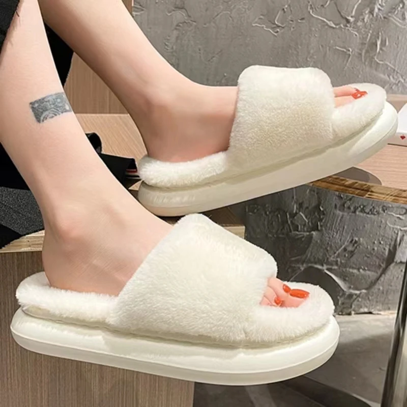 

BANSY TIME Thick-soled Plush Slippers Wear Indoor Cotton Slippers In Winter Pure Color Flat Heels Can Not Wash Off Hair Slippers