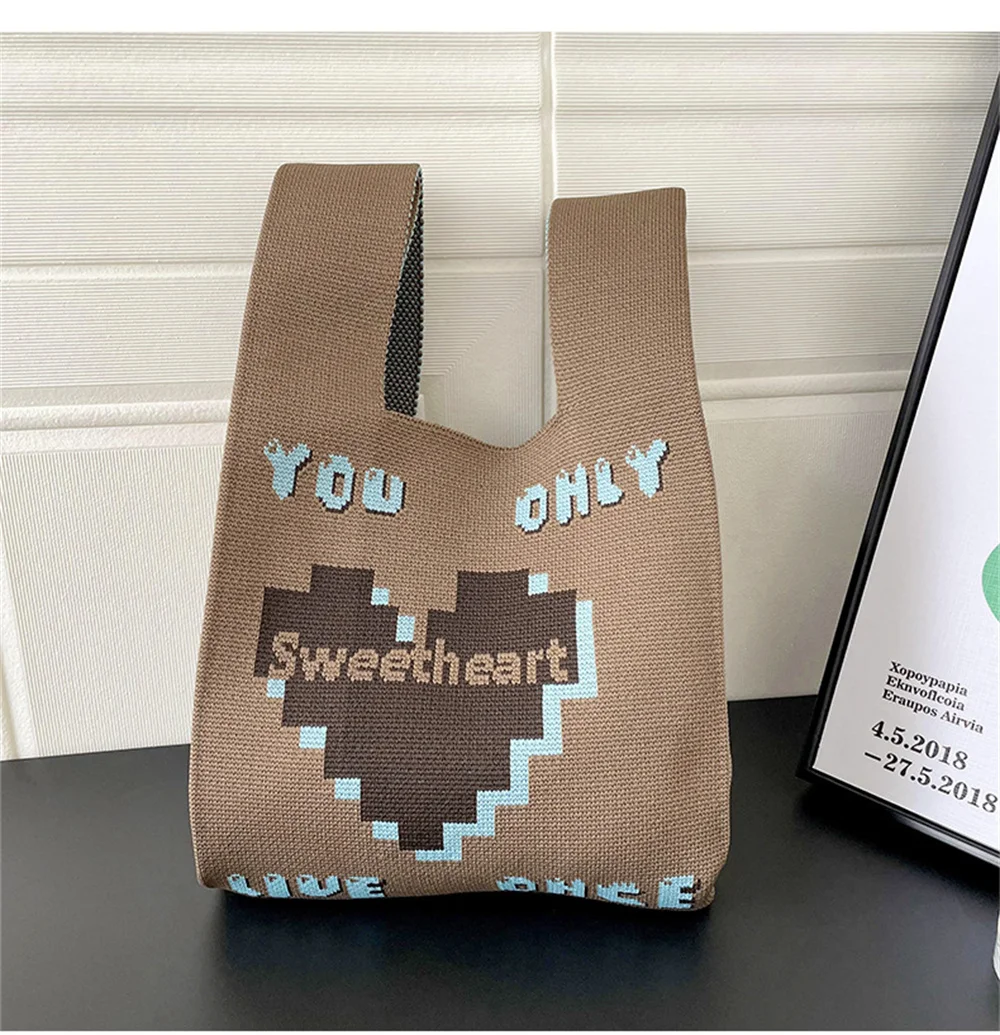 

Korean Niche Design Handbag Girls Love Heart Knitted Casual Tote Bag Thick Flexible Fabric Reusable Shopping Bags Keys Pouch