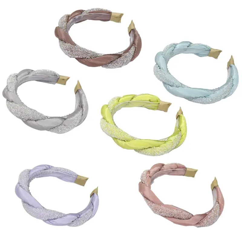 

L5YA Korean Women Twist Braided Wide Headband Shiny Glitter Faux Crystal Patchwork Hair Hoop Candy Color Vintage Bandana