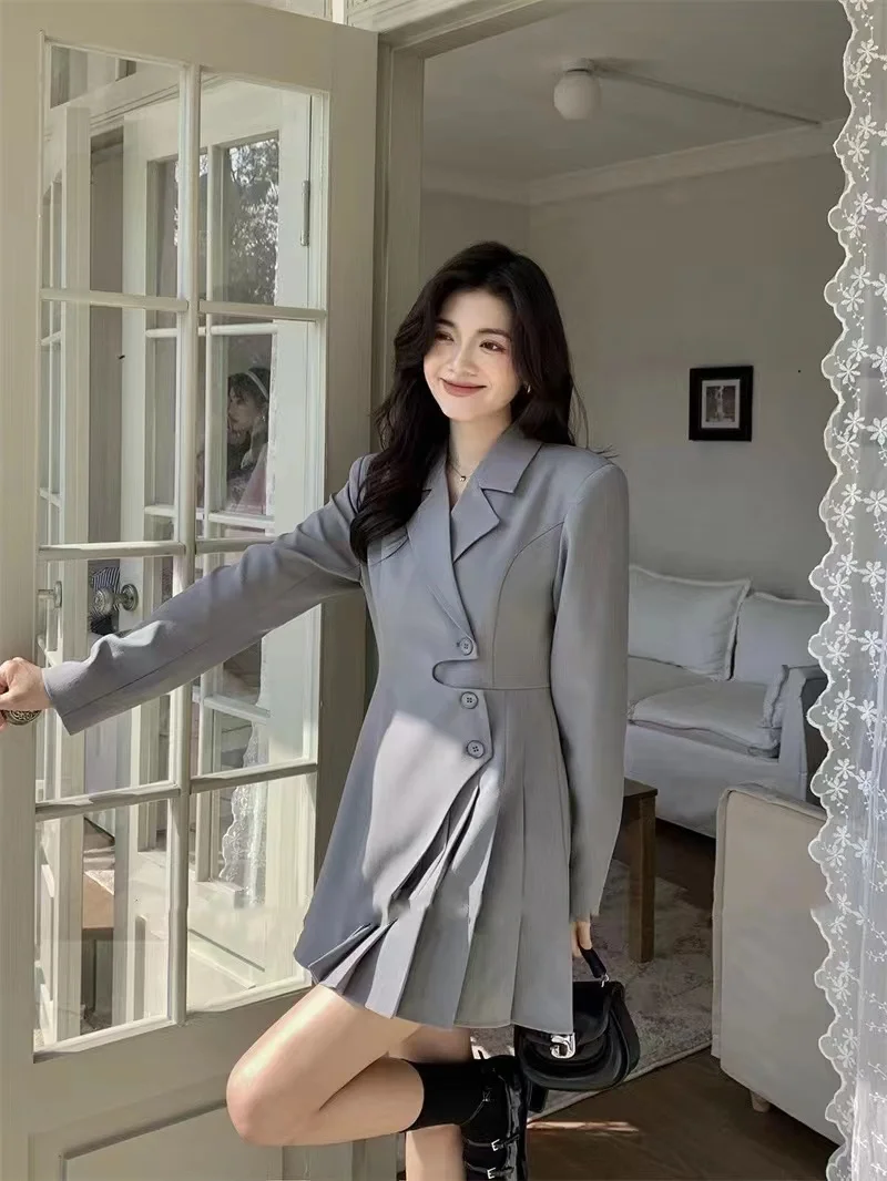 SuperAen Suit Dress Women's Spring Summer 2023 Korean Version New Button Irregular Pleated A-line Dress
