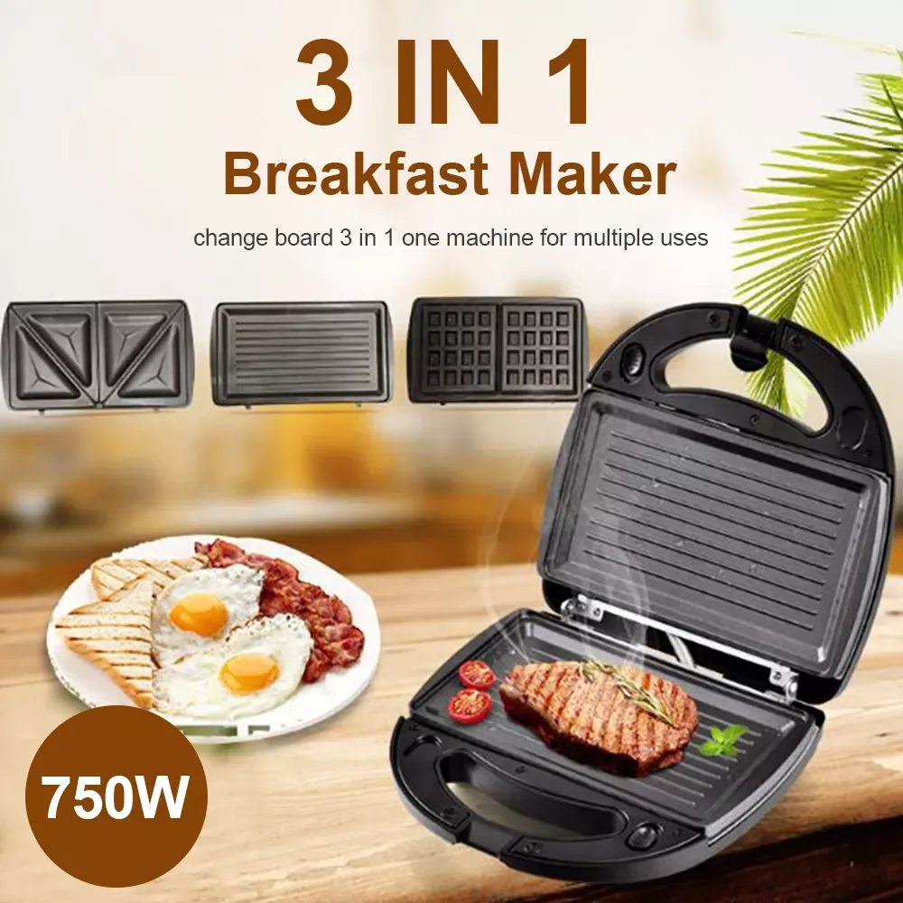 

3 in 1 750W Household Breakfast Make One Machine for Multiple Uses For Sandwich Waffle Steak Panini Breakfast Machine Roaster