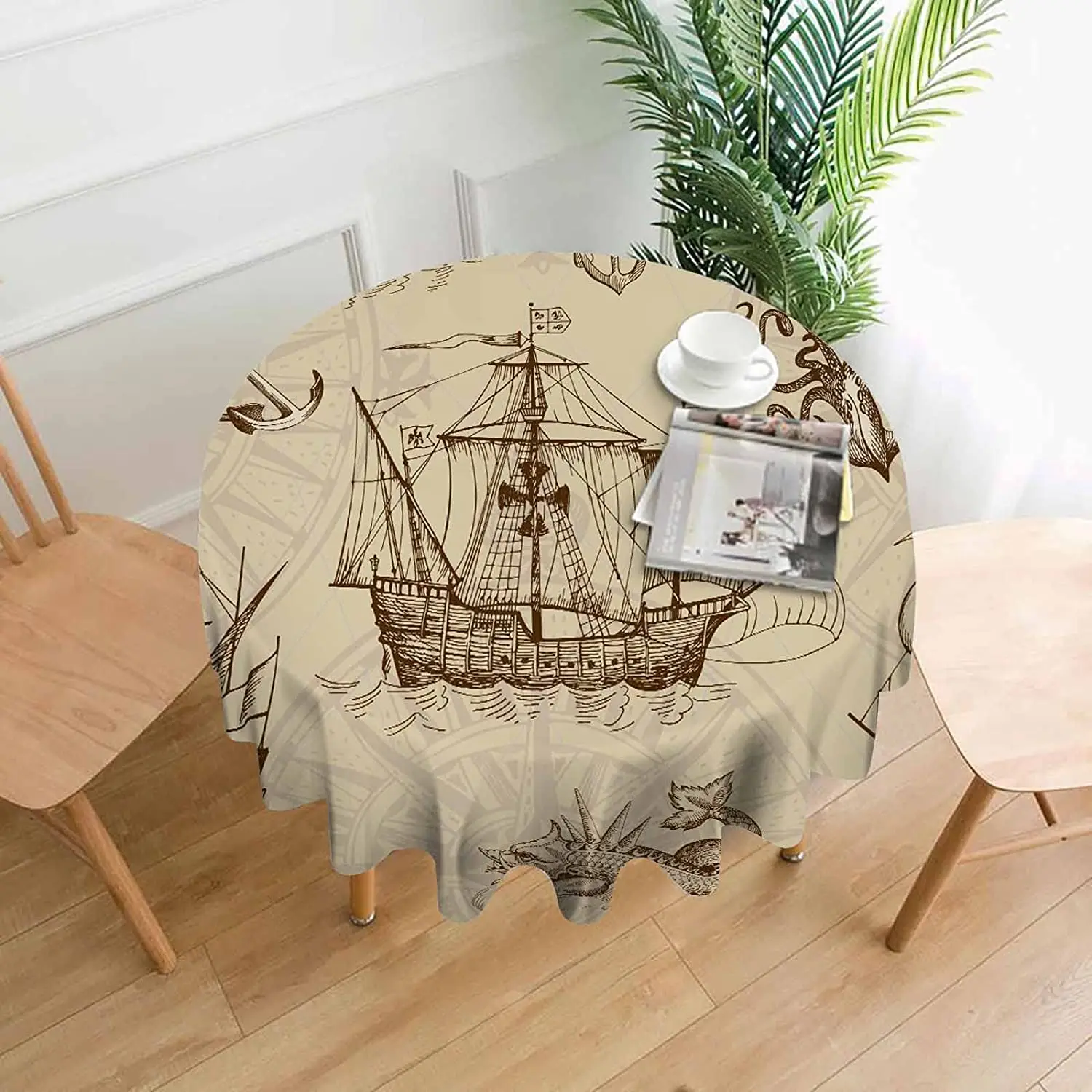 

Винтажная круглая скатерть с изображением старой лодки для круглого стола, искусственный монстр, ручная роспись, для обеденного стола в буф...