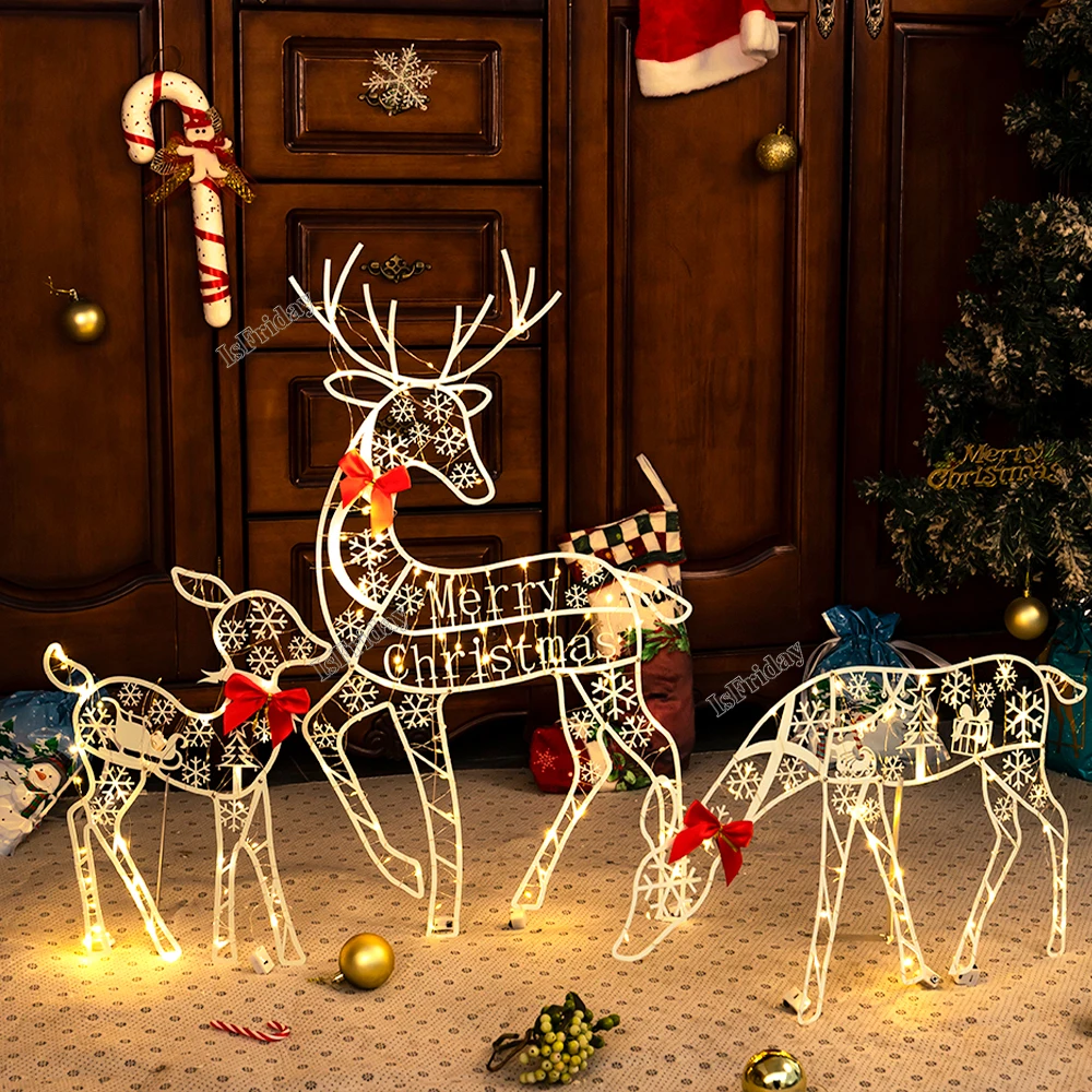 3PCS Handmake Iron Art Elk Deer Christmas Garden Decor &ampLED Light Glowing Glitter Reindeer Xmas Home Outdoor Yard Ornament