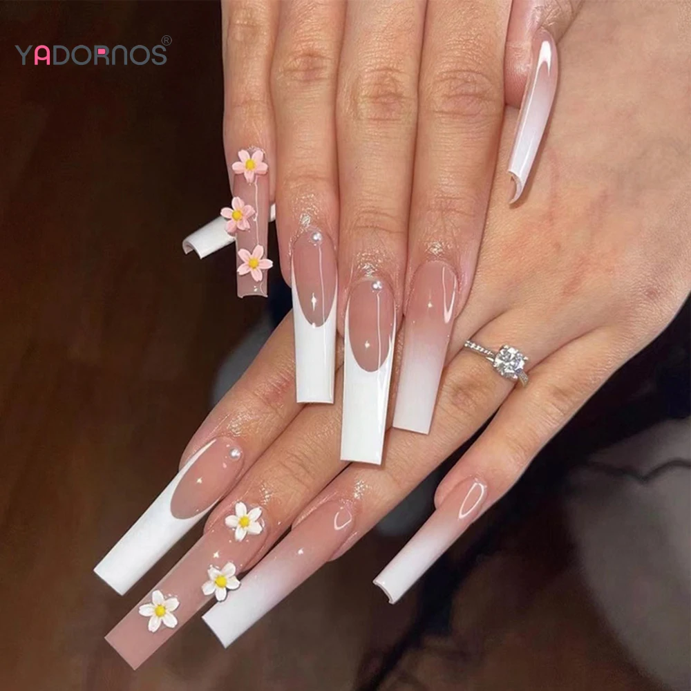 

24Pcs False Nails with Flower Design Gradient Pink Nude Color Long Coffin French Ballerina Fake Nails Full Cover Press On Nails
