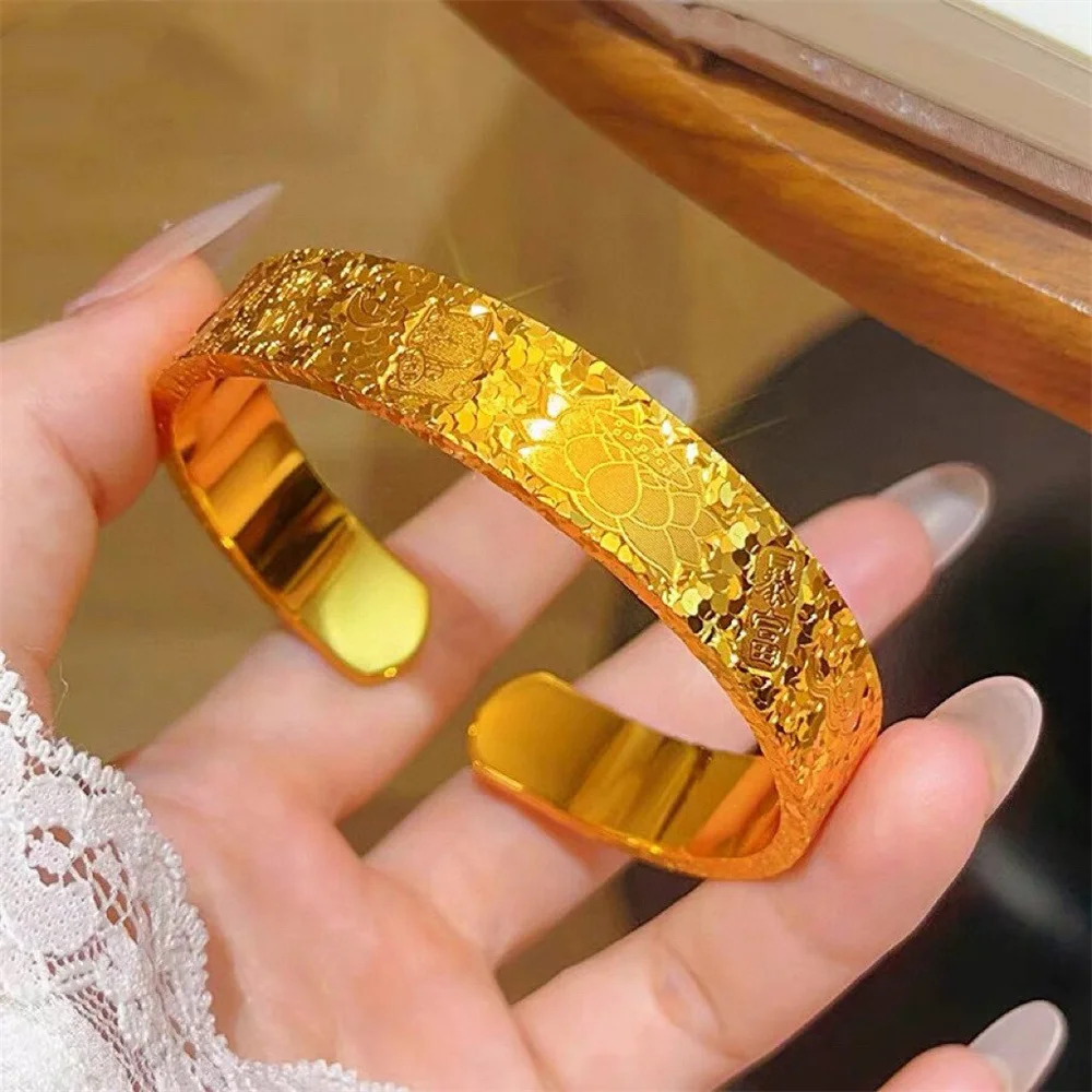 Фото Унисекс браслет-кафф из нержавеющей стали с позолотой 14K, с эффектом битого льда и узором лотоса, в стиле панк, модный, для женщин, оптом №1