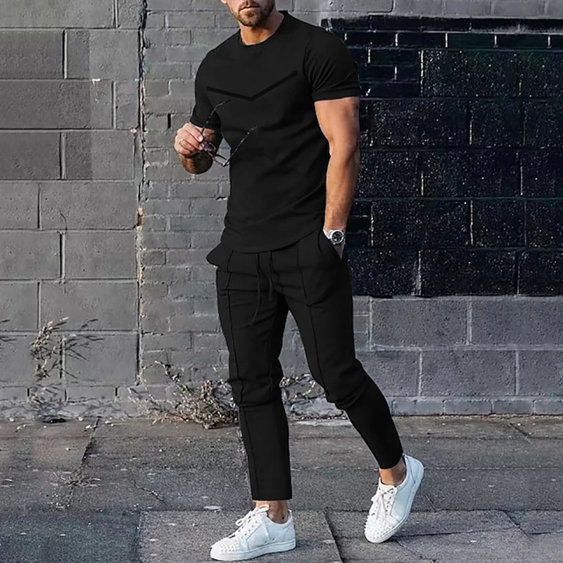 Men's T-shirt Long Pants Tracksuit Graphic Linear 3D Print T Shirts Trousers Set 2 Pieces Streetwear Oversized Suits Sportswear