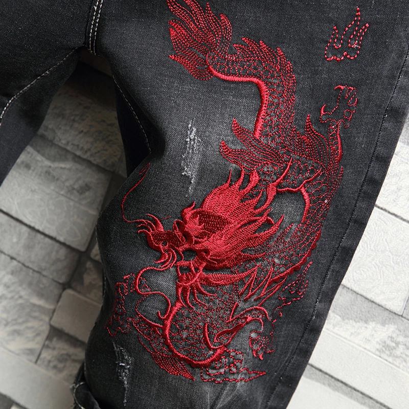 New Men's Denim Shorts Chinese Style Auspicious Yunlong Embroidery Men's Cotton Casual Slim Fit Straight Tube Jeans Shorts