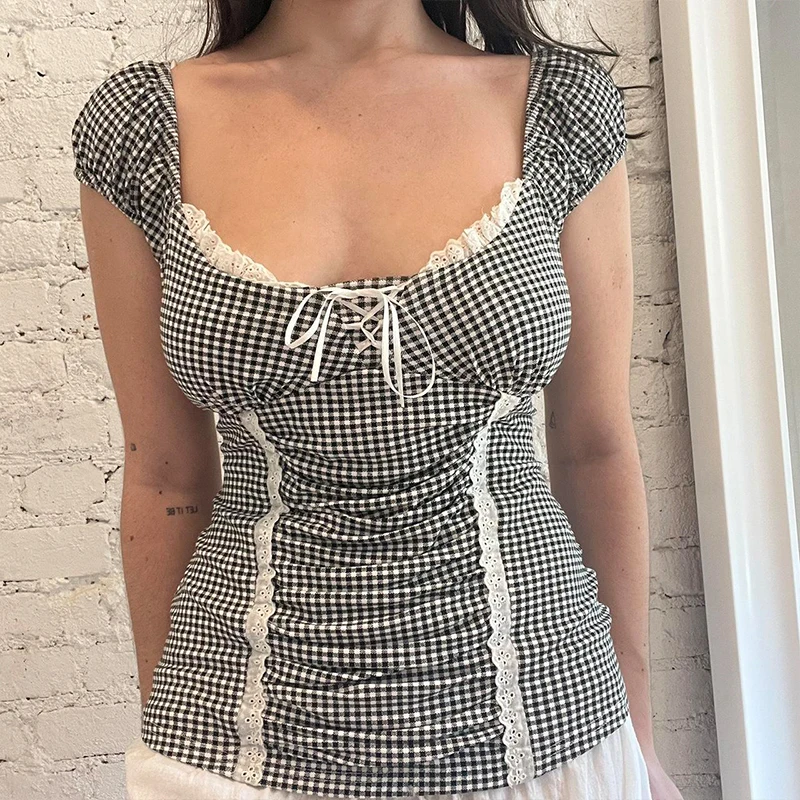 

Women Y2K Plaid Strappy Bandeau Top Lace Tank Sleeveless Square Neck Summer Spring Vintage Lace-up Fairy Casual Party Shirt