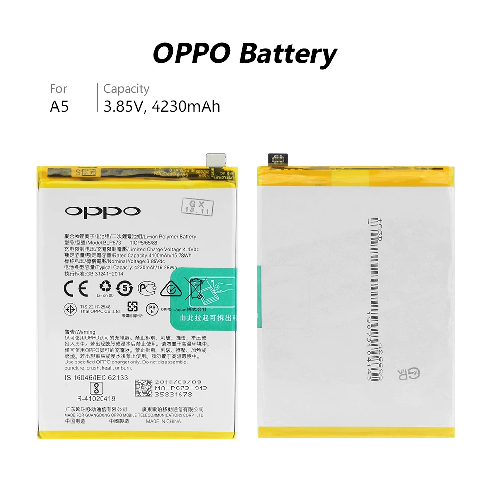 

Original BLP673 Battery For OPPO A5 Smart Phone 3.85V 4230mAh High Capacity
