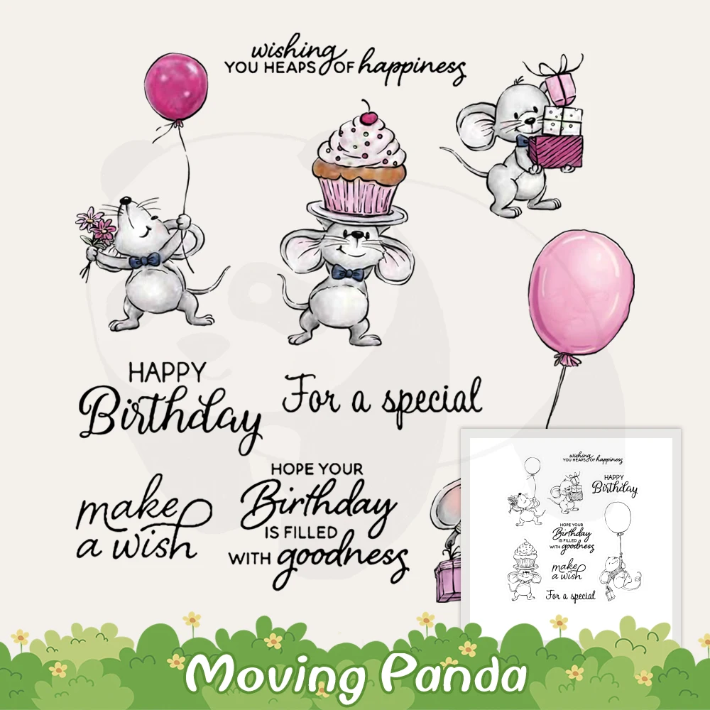 

Adorable Mouse And Cake Metal Cutting Dies Clear Stamp Happy Birthday Scrapbooking Crafts DIY Cut Dies Silicone Stamps For Card