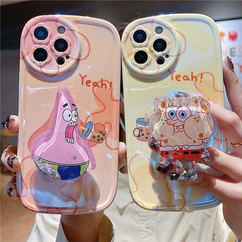 

Cartoon SpongeBob Patrick Star Stand Phone Case for iPhone 13 12 11 Pro Max X XR XS Max 7 8 Plus Silicone Shockproof Case Coque