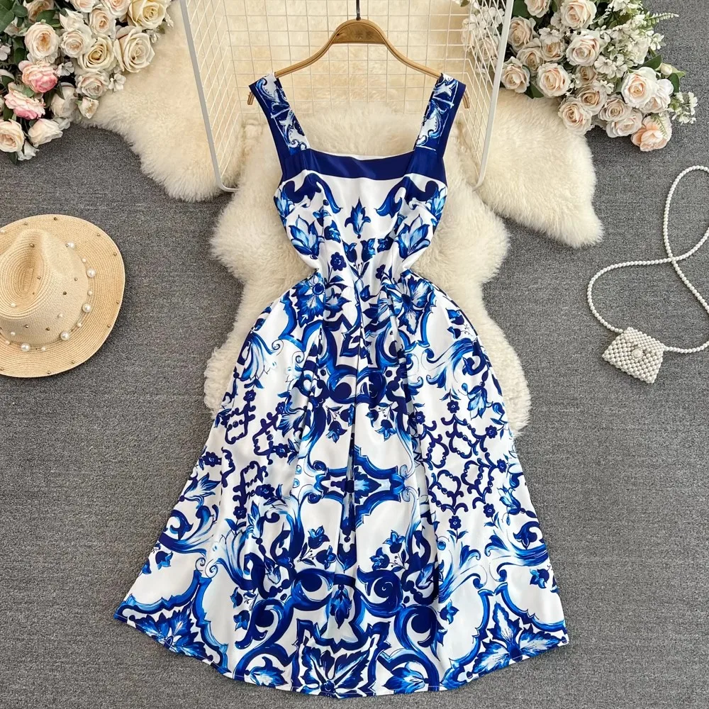 

Женское модельное платье миди с цветочным принтом, летнее платье на бретелях-спагетти с сине-белым фарфоровым принтом для отпуска, T3958