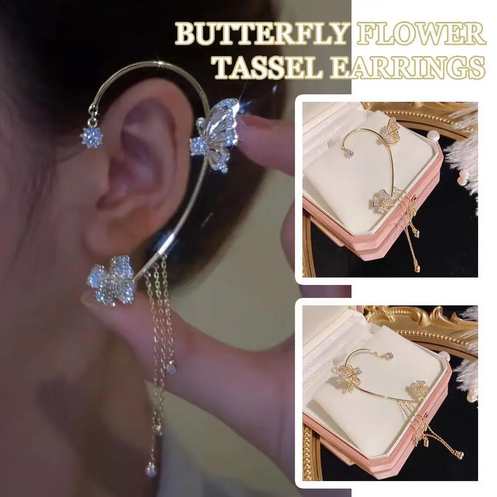 

2022 Sparkling Zircon Flower Butterfly Ear Cuff Without Piercing Tassel Clip Earrings for Women Simple Ear Clip Fine Jewelr I8U2