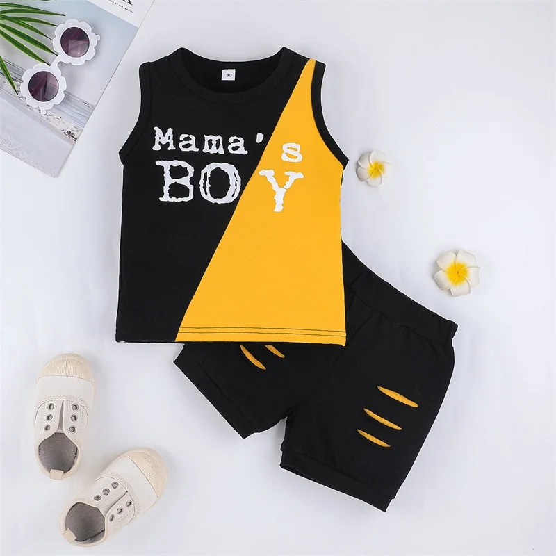 

Kids Boys Casual Suit, Color Contrast Letter Printed Sleeveless Tops+Ripped Short Pants 2022 New Fashion