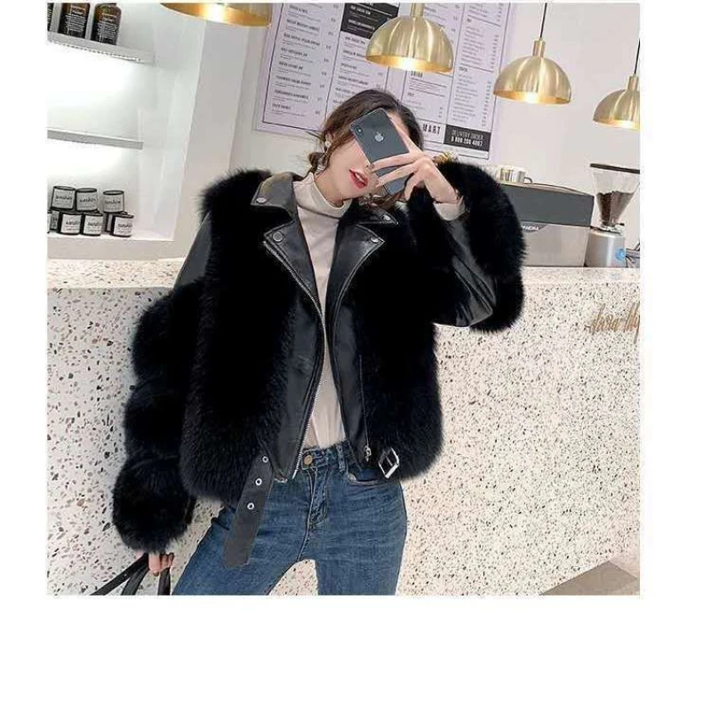 New top fashion luxury imitation fox fur fur coat fur coat whole skin thin women's motorcycle clothing warm coat women