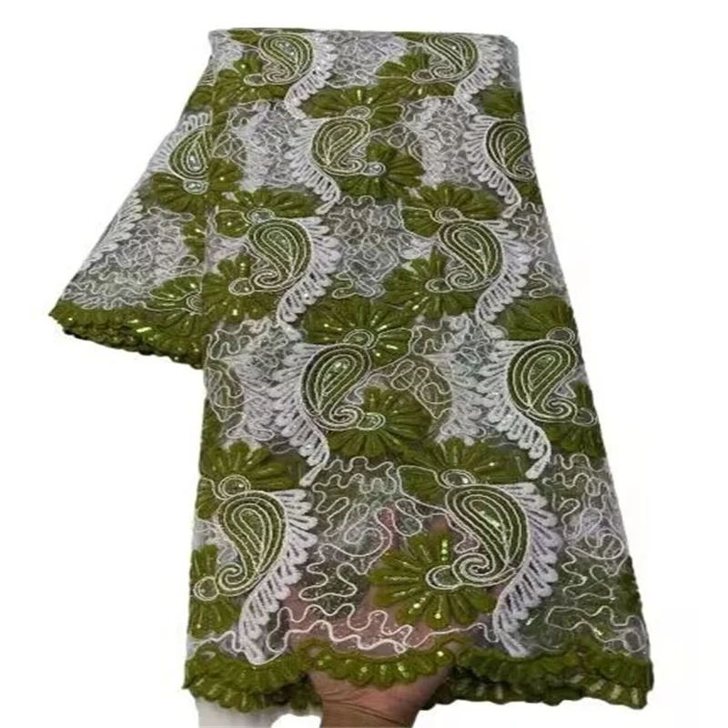 

Зеленая/белая Изысканная кружевная ткань с африканскими блестками высокого качества 5 ярдов нигерийская сетчатая ткань с блестками для шитья