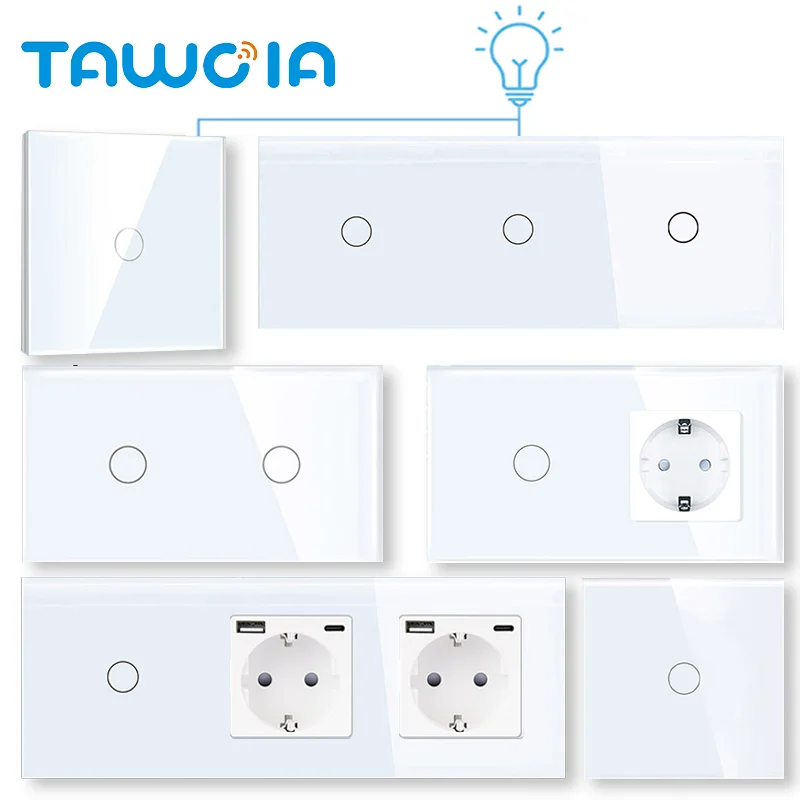 Фото TAWOIA EU Сенсорный стеклянный выключатель света 1/2/3-клавишный, 1/2/3-позиционный, настенная розетка с быстрой зарядкой USB Type-C для лестничных пролетов, коридоров, дома и офиса №1