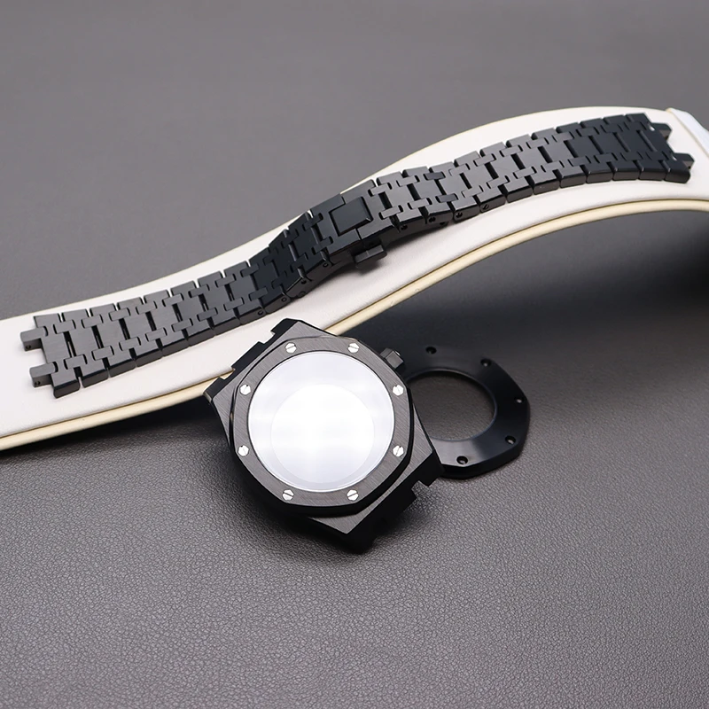 Enlarge 41mm Black Case Watchband Men's Watch Strap Parts Sapphire Crystal Glass For Seiko nh36 nh35 Movement 31.8mm Dial Waterproof Mod
