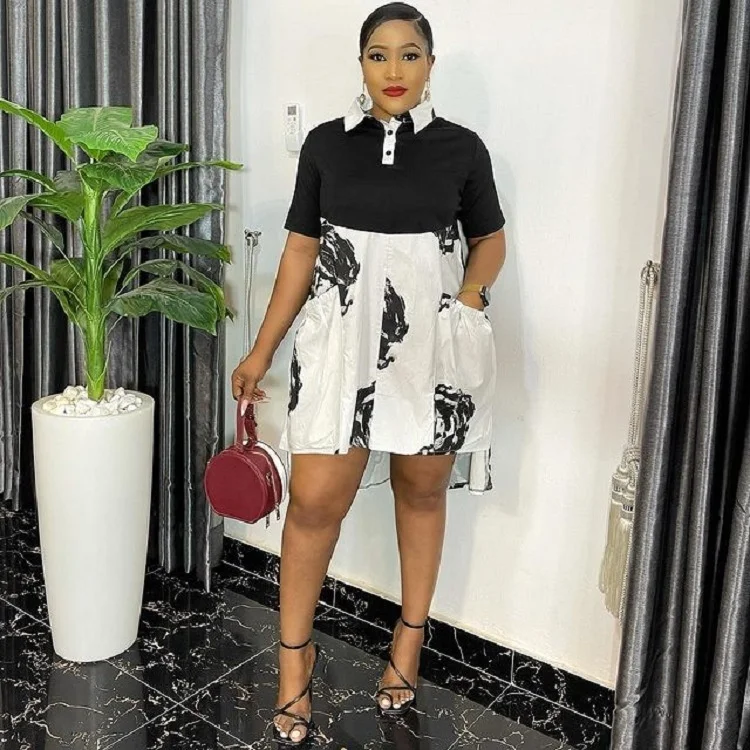 

Summer Patchwork Shirt Skirt Polo Neck Short Dress Loose Oversized Shirt Dress