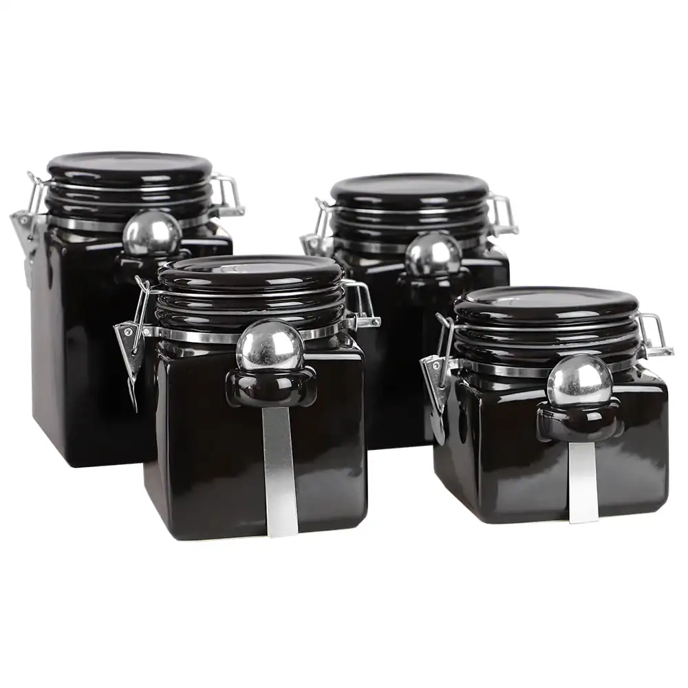 

4 Piece Square Ceramic Canisters with Metal Spoons, Black