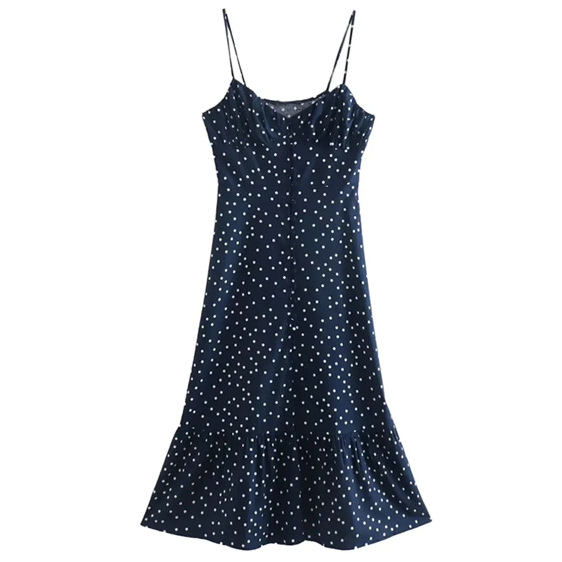 

Dave&Di Indie Folk Retro Navy Blue Dress Polka Dot Linen Strapless Dress Women