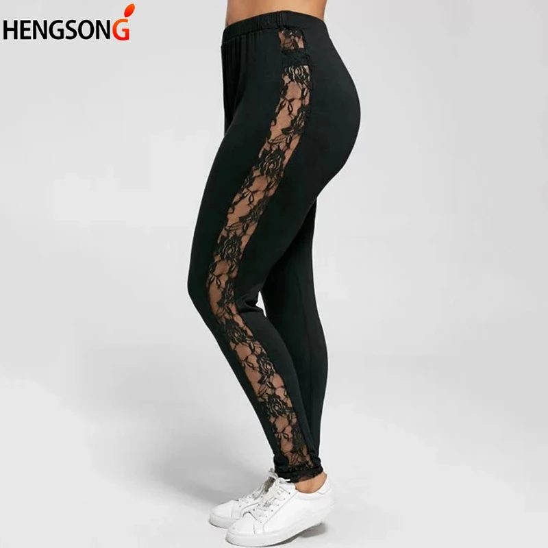 

XL-Women Legging High Waist Sexy Lace Patchwork Hollow Out Stretch Large Legging Trousers Big Size