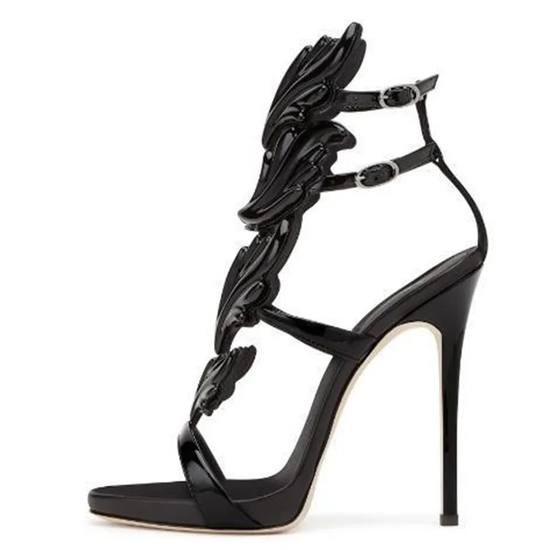 

Sexy Metallic Leather Wing Sandals Leaf Designer Gladiator High Heels Shoes Women Metallic Winged Sandals Candy Colors