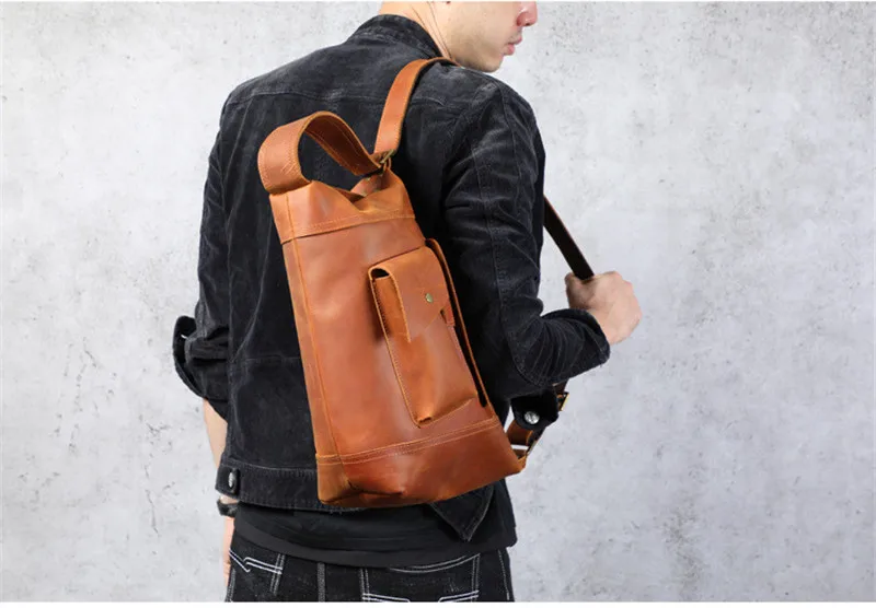 Retro personality designer natural crazy horse cowhide men shoulder bag outdoor casual genuine leather multifunctional chest bag