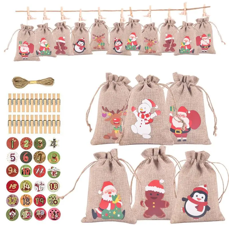 

Рождественский календарь «сделай сам», гирлянда, подарочные пакеты с рисунком Санта-Клауса, снеговика, Подарочный пакет на шнурке, Рождеств...