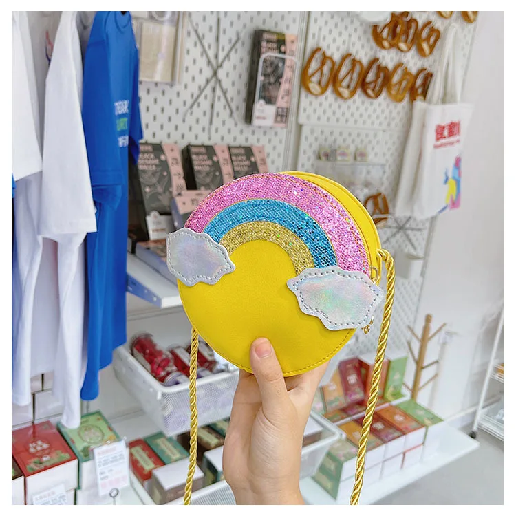 Lovely Children's Round Shoulder Bags Cartoon Cute Rainbow Coin Purse for Girls Baby PU Leather Sequins Kids Mini Coin Purse