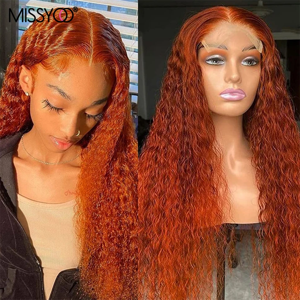 

Ginger Orange Curly Human Hair Wigs Brazilian Preplucked With Baby Hair 4*4 Closure Lace Wigs Dark Orange Color Natural Hairline