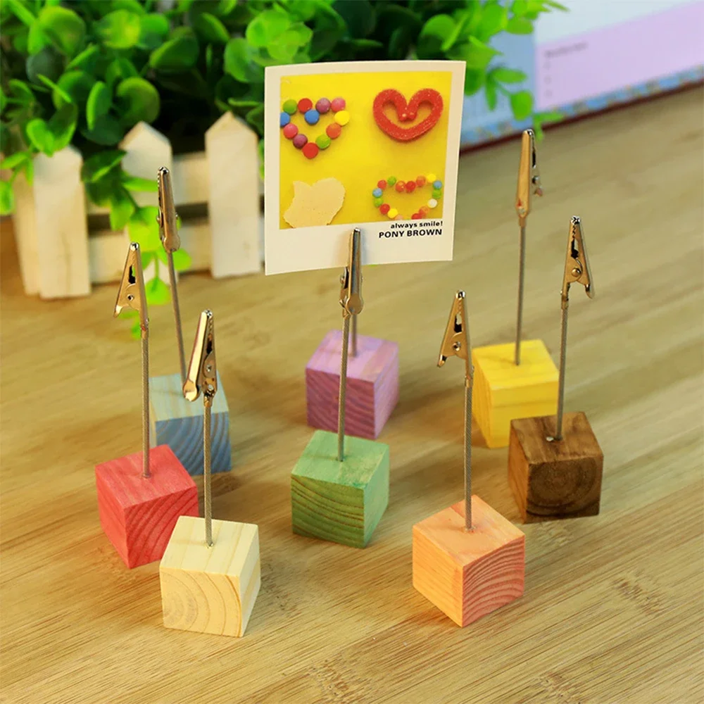 

10pcs/lot Cube Note Table Alligator Desk Clip Paper Wood Picture Holder Party Colorful Memo Photo Office Card Clip Decor Metal