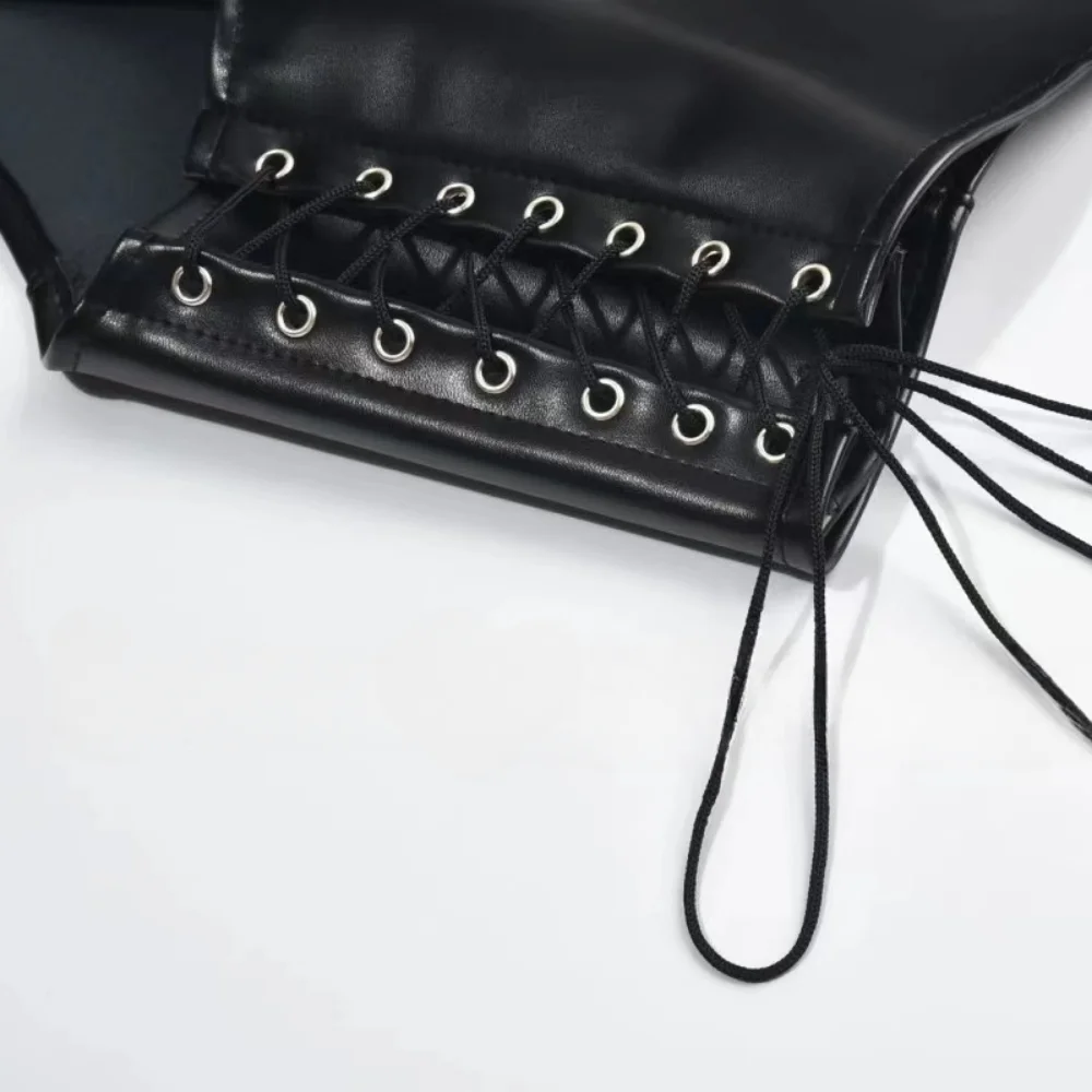 Men's Sexy PU Leather Lace Up Tank Top and G-string Pants Set Tight Jumpsuit Emotional Party Night Club Wear Temptation Clothing