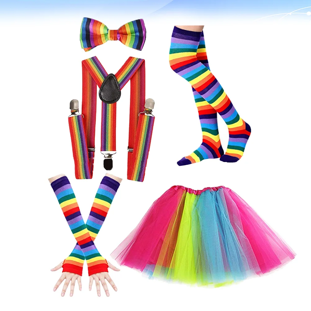 

1 Set Neon Themed Party Tutu Dress Rainbow Gloves Socks Strap Bow-tie 80s Party Dress Up Accessories Party Supplies (Pattern 1)