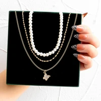 necklaces for women 2022 sexy accessories jewelry trend zircon butterfly pearl personality threelayer twin special interest