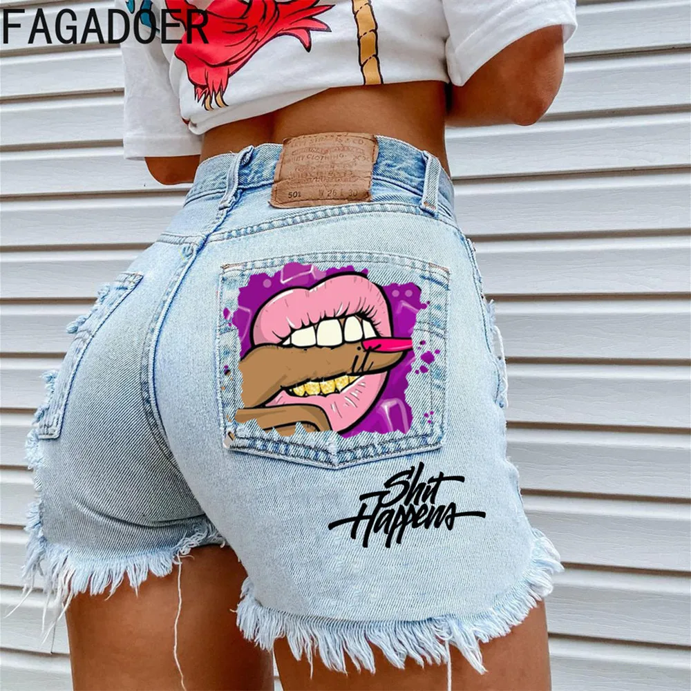 FAGADOER Fashion Y2K Street Style Women Worn Torn Denim Shorts Casual High Waisted Printing Tassels Shorts Female Cowboy Bottoms