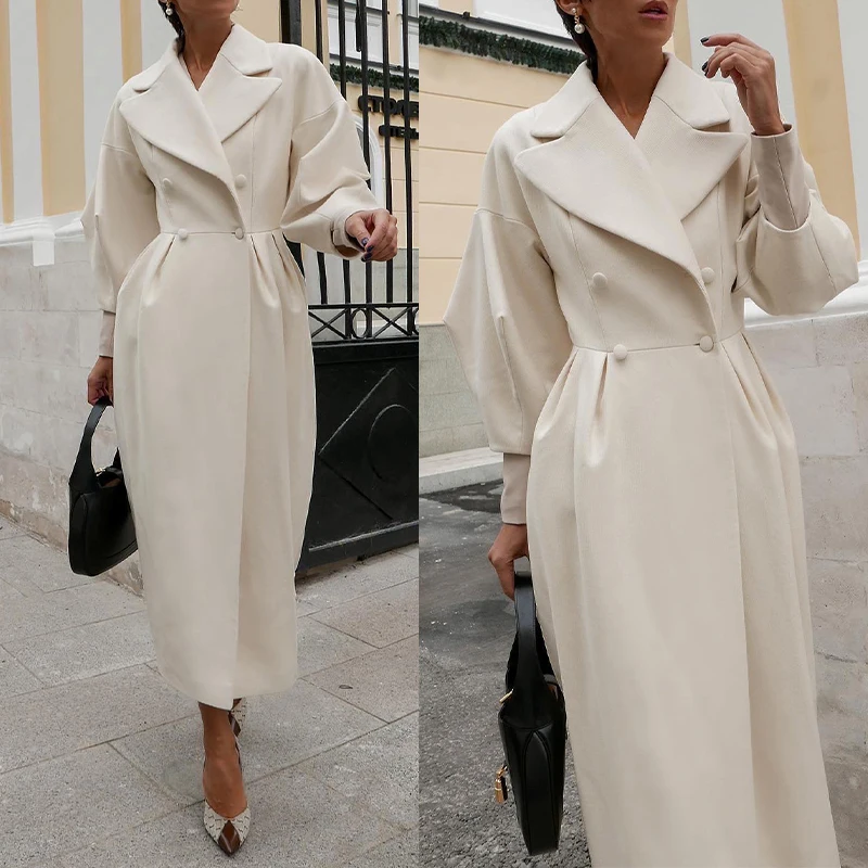 

Woolen Women Suit Overcoat Winter Thick Warm Lantern Sleeve Coat Long Jacket Formal Double Breasted Party Dress Streetwear Coats