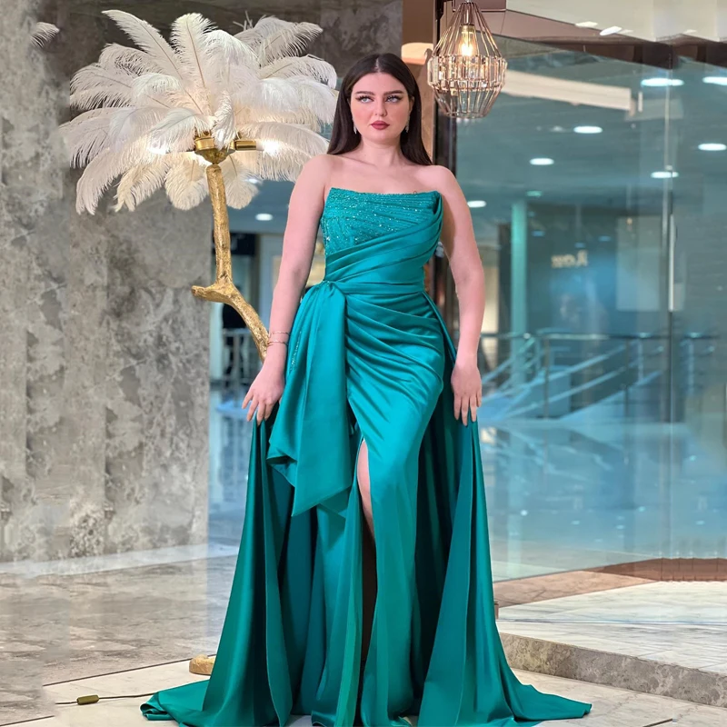 

Emerald Green Sexy Strapless Beads Satin Prom Evening Dresses Side Split Court Train For Women Robes De Soirée Party Gowns