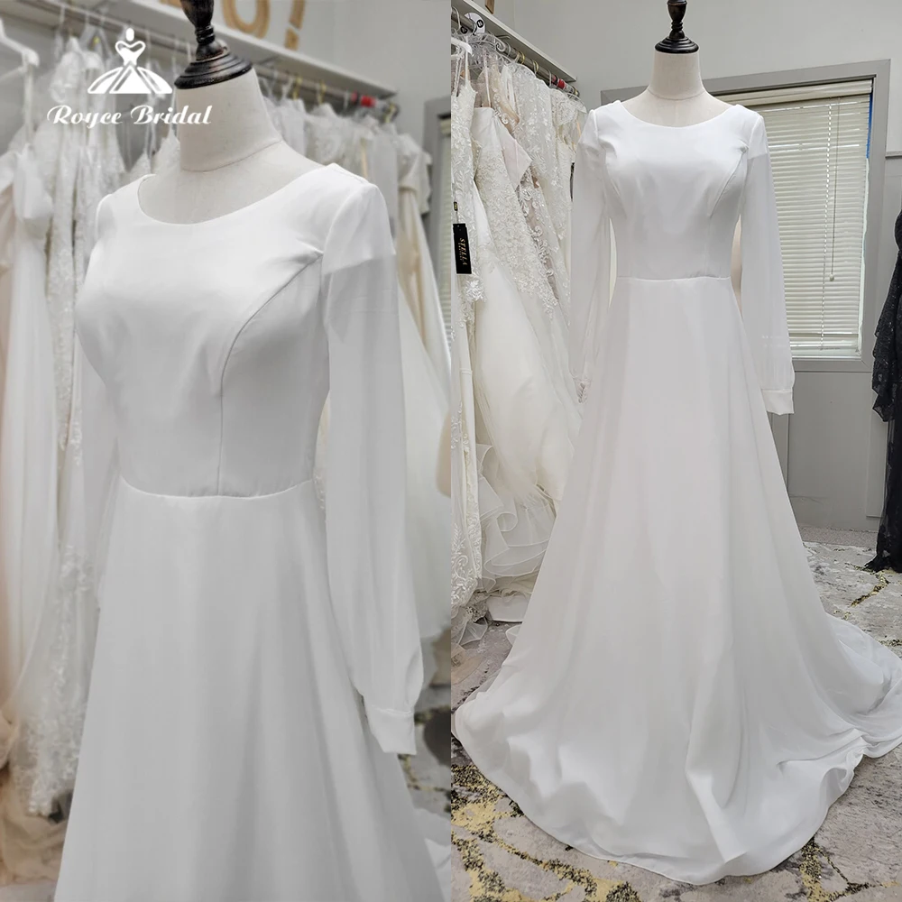 

Simple Boho O Neck Long Sleeve Back Button Chiffon A Line Wedding Dress Beach Bride Gowns Sweep Vestidos De Novia Robe De Mariée
